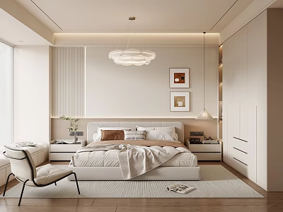 Modern Elegant Bedroom Interior Design With Pendant Light Decorative Paintings And Accent Chair 3d model