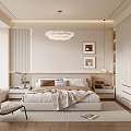 Modern Elegant Bedroom Interior Design With Pendant Light Decorative Paintings And Accent Chair