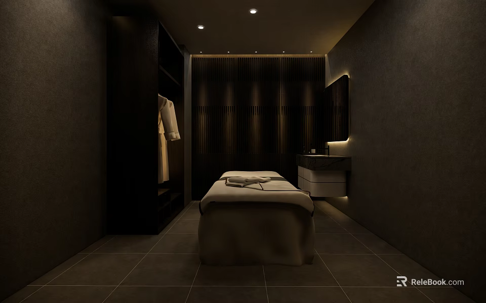 Relaxing SPA Sauna Room With Massage Table Hanging Robe Vanity And Dim Lighting 3d model 