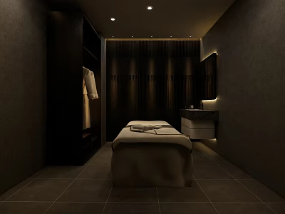 Relaxing SPA Sauna Room With Massage Table Hanging Robe Vanity And Dim Lighting 3d model