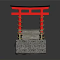 Red Japanese Style Bridge With Black Roofs Stone Bases And Ornate Railings