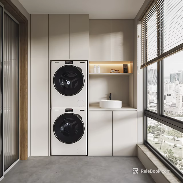 Home Balcony With Stacked Washing Machine Dryer Sink Cabinet And City View Window 3d model 