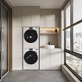 Home Balcony With Stacked Washing Machine Dryer Sink Cabinet And City View Window