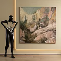 Abstract Painting On Beige Wall With Black Human Sculpture And Decorative Lighting