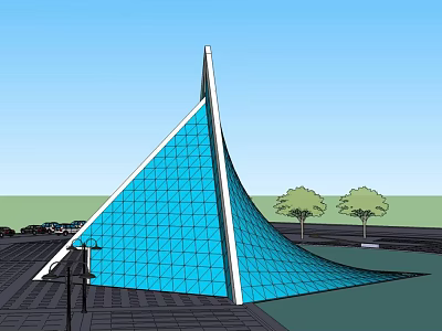 Modern Blue Geometric Building with Glass Facade and Trees Near Road 3d model