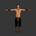 Shirtless Muscular Man With Red And Blue Arm Guards Arms Outstretched In Black Pants