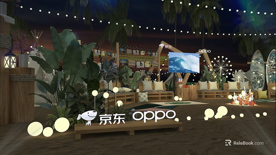 JD OPPO Outdoor Night Setup With String Lights Palm Trees And Screen 3d model 