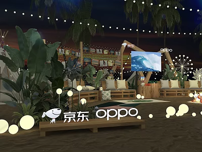 JD OPPO Outdoor Night Setup With String Lights Palm Trees And Screen 3d model