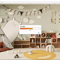 Kids Play Tent in Green Playroom with Cloud Decor Bunting Flags Bookshelf and Toys