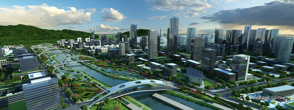 Aerial Urban Planning View With Tall Buildings River Bridge And Green Spaces 3d model 