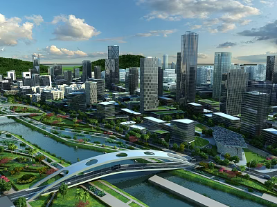 Aerial Urban Planning View With Tall Buildings River Bridge And Green Spaces 3d model