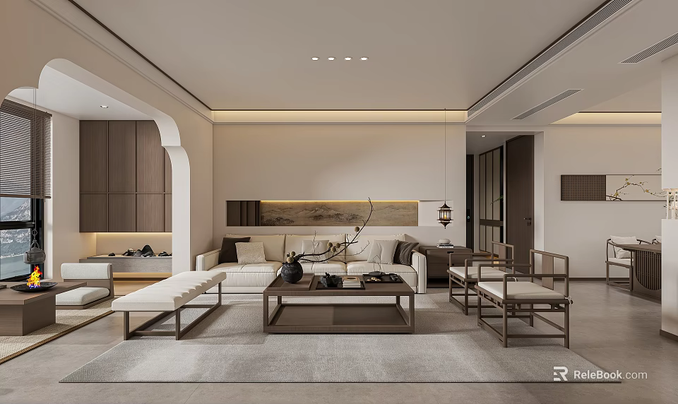 Modern Living Dining Room Interior Design With Sofa Coffee Table And Chairs 3d model