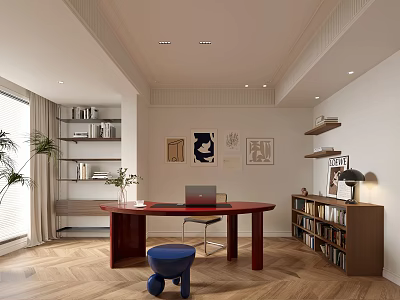 Modern Study Room Interior With Red Desk Bookshelves And Artworks 3d model