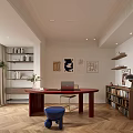 Modern Study Room Interior With Red Desk Bookshelves And Artworks