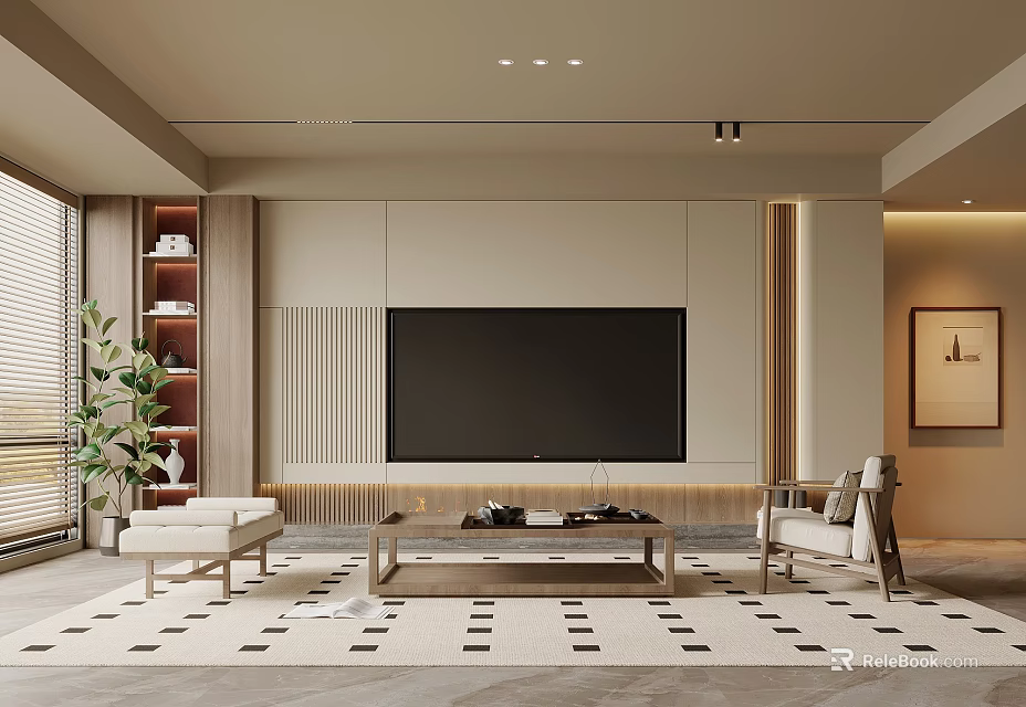 Modern Living Room Interior With Large TV Wooden Coffee Table And Area Rug 3d model 