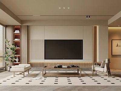 Modern Living Room Interior With Large TV Wooden Coffee Table And Area Rug 3d model