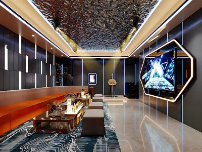 Luxury KTV Lounge Interior With Comfortable Sofa Seating Large Screen TV And Stylish Lighting 3d model