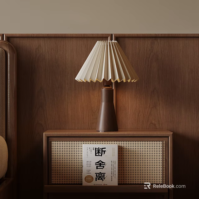 Wooden Nightstand With Pleated Table Lamp And Book On Wooden Wall Background 3d model 