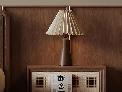 Wooden Nightstand With Pleated Table Lamp And Book On Wooden Wall Background 3d model