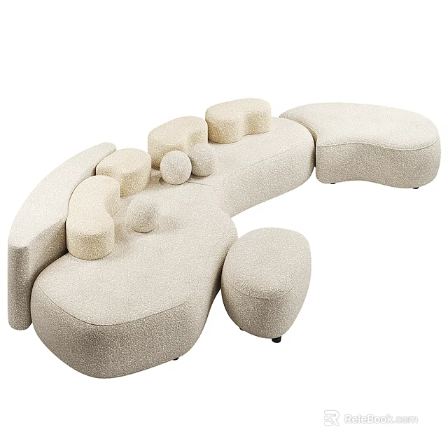 Multi person Beige Fabric Sofa With Unique Modular Rounded Shapes Design 3d model 
