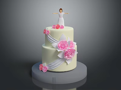 Two Tier White Wedding Cake Decorated With Pink Roses And Figurine On Grey Platter 3d model