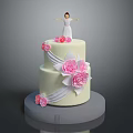 Two Tier White Wedding Cake Decorated With Pink Roses And Figurine On Grey Platter