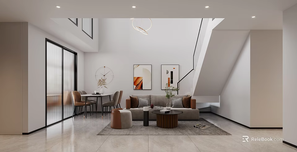Modern Living And Dining Room Interior With Sofa Dining Table Artworks And Pendant Light 3d model 
