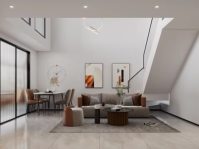Modern Living And Dining Room Interior With Sofa Dining Table Artworks And Pendant Light 3d model