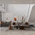 Modern Living And Dining Room Interior With Sofa Dining Table Artworks And Pendant Light