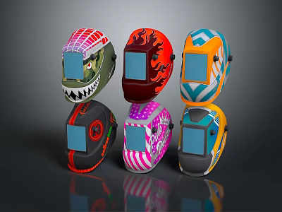 Various Patterned Welding Helmets With Colorful Designs And Safety Features 3d model