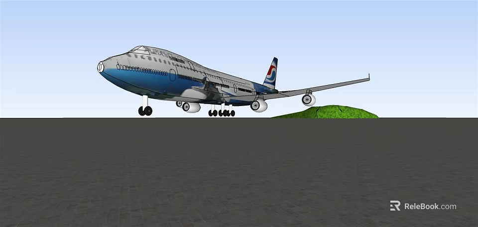 Blue and White Passenger Plane Parked on Ground With Green Hill and Clear Sky 3d model 