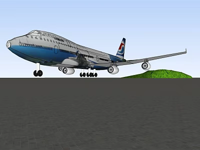 Blue and White Passenger Plane Parked on Ground With Green Hill and Clear Sky 3d model