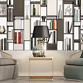 Modern Geometric Bookcase With Books Decor Items Accent Chairs And Side Table 3d model