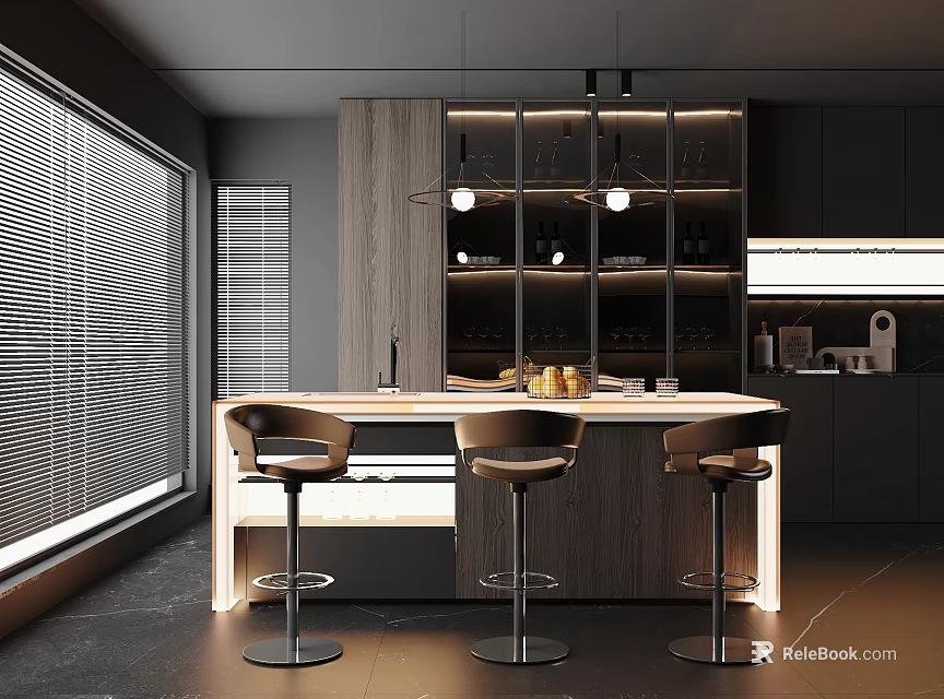 Modern Bar Counter With Three Bar Stools Open Shelving Lighting And Large Windows Blinds 3d model 