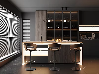 Modern Bar Counter With Three Bar Stools Open Shelving Lighting And Large Windows Blinds 3d model