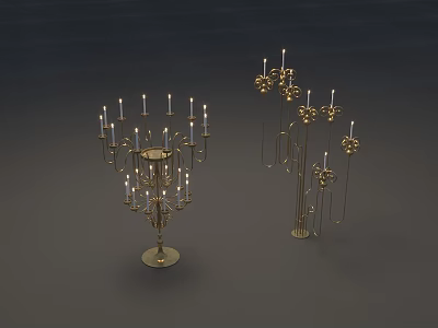 Golden Metal Candle Holders With Multiple Arms And Floral Decorations In Dark Background 3d model