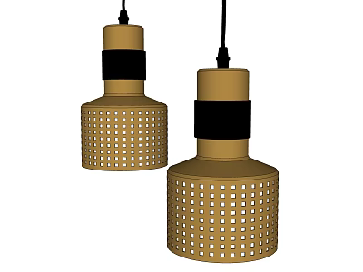 Two Golden Pendant Lights With Black Band And Perforated Grid Design 3d model