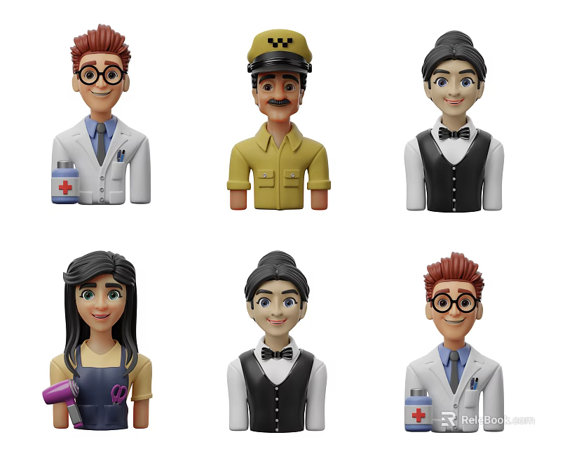 Colorful Game and Movie Character Figurines With Doctor Pilot Waiter Uniforms Hats Stethoscopes 3d model 