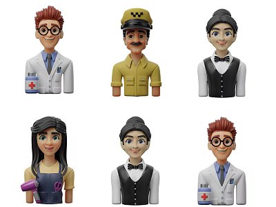 Colorful Game and Movie Character Figurines With Doctor Pilot Waiter Uniforms Hats Stethoscopes 3d model