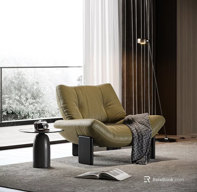 Modern Olive Green Leather Leisure Chair With Throw Blanket And Side Table 3d model 