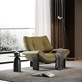 Modern Olive Green Leather Leisure Chair With Throw Blanket And Side Table