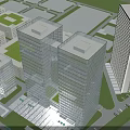 Tall Modern Glass Curtain Wall Office Building With Pedestrian Plaza Trees And Evening Sky