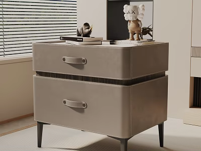 Modern Light Gray Leather Nightstand With Two Drawers Black Slim Legs Books And Decorative Items 3d model