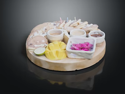 Assorted Food Platter With Dumplings Sauce Cups Lemon Slice Mango And Dragon Fruit 3d model