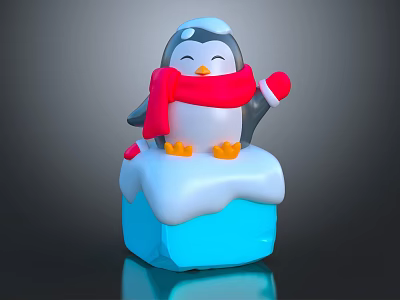Cute Penguin Doll with Red Scarf and Mittens Standing on Blue Ice Block with Snow 3d model