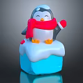 Cute Penguin Doll with Red Scarf and Mittens Standing on Blue Ice Block with Snow