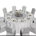 Elegant Round Dining Table And White Chairs With White Tablecloth Tableware And Centerpiece 3d model