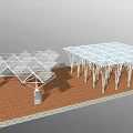 Outdoor Pergolas With Geometric White Metal Frame And Glass Roof On Red Brick Floor