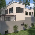 Modern Detached Villa Exterior With White Walls Greenery Trees And Lawn Pathway