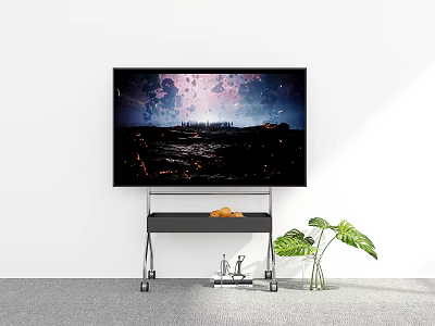 Modern Living Room Setup With Wall Mounted TV Wooden Stand And Green Plants 3d model